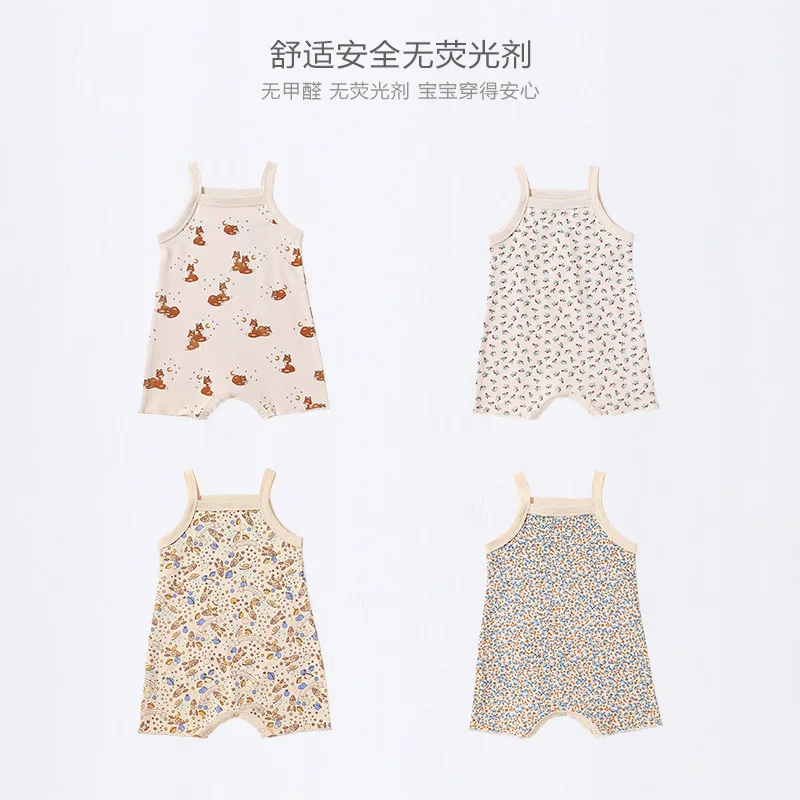 

RomperDew Baby Sling Crawling Suit Men and Women Baby Printing Vest One-piece Pajamas Crawling Suit