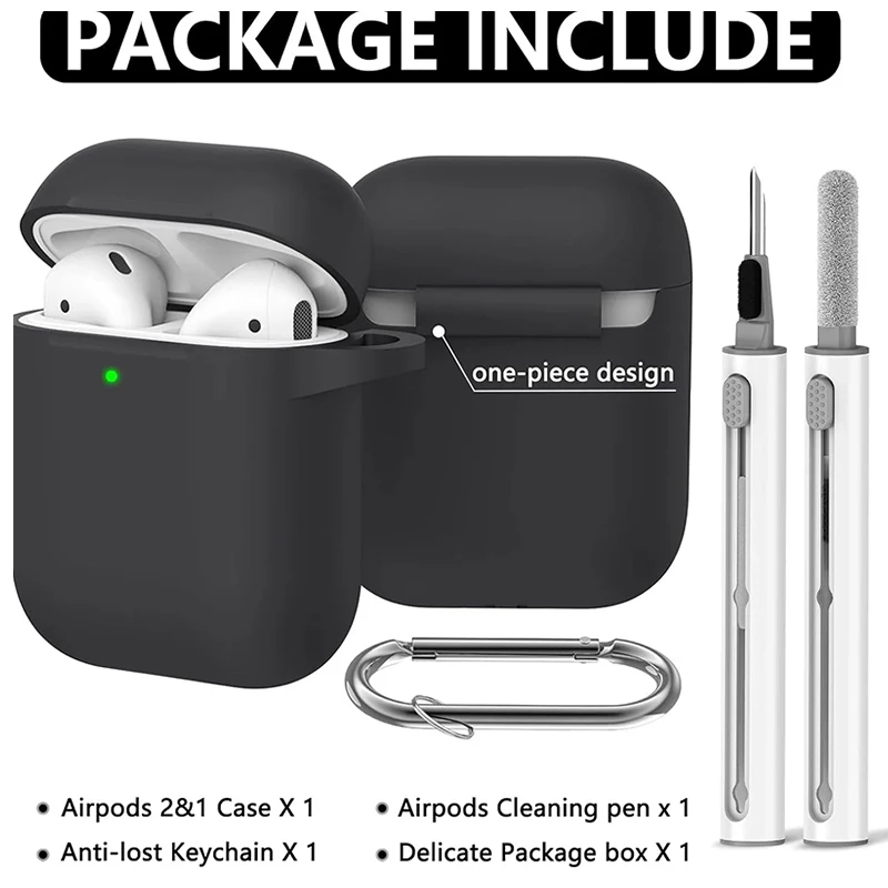 Capas de silicone com gancho para airpods1/2, capa protetora à prova de choque para fone de ouvido sem fio para airpod 2 1, sacos de caixa com kit de limpeza