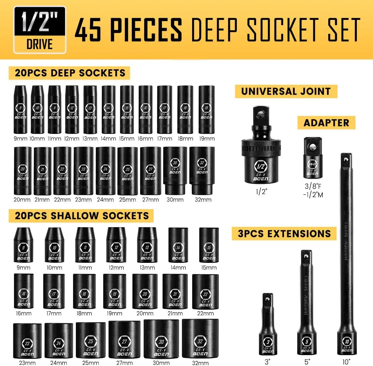 45PCS 12 Inch Drive Metric Socket Set Impact Deep Shallow Socket 9mm 32mm 6 Point Lug Nut Auto Repair Portable Case CR V Steel