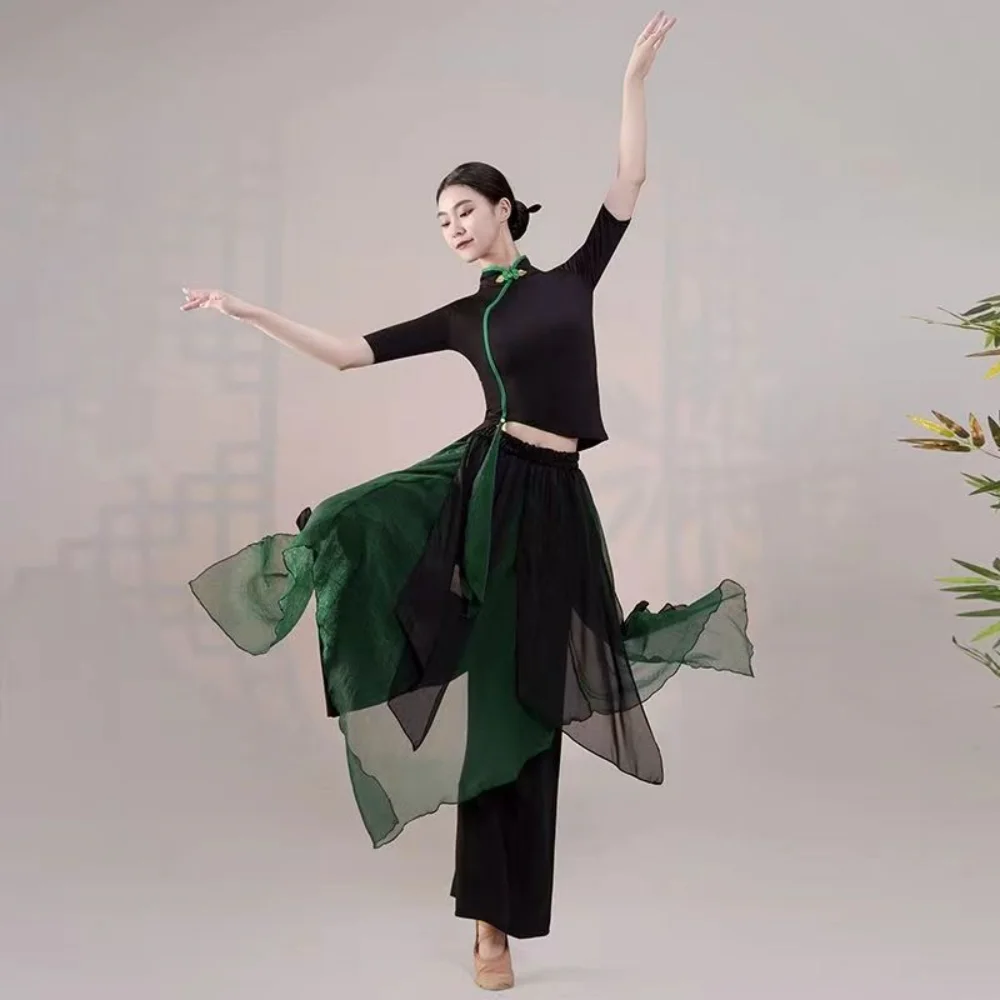 Green Black Dance Clothes Fairy Dancewear Chinese Classical Folk Dance Costume Women Charm Blouse + Pants Cheongsams Outfit