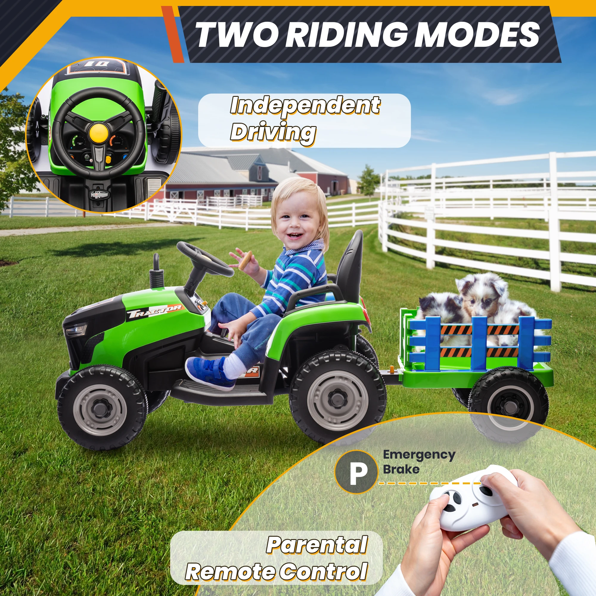 Traktor elektryczny dla dzieci 24V, zabawki elektryczne z silnikami 400W, odchylany i odłączany przyczepa, regulowane siedzenie, Bluetooth, Mu