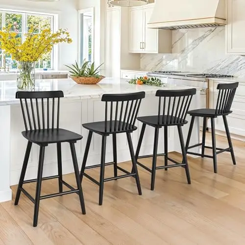 Upgraded Windsor Wooden Black Bar Stools Set of 4, 24 Inch Counter Height Barstools with Spindle Back/Bigger Seat for