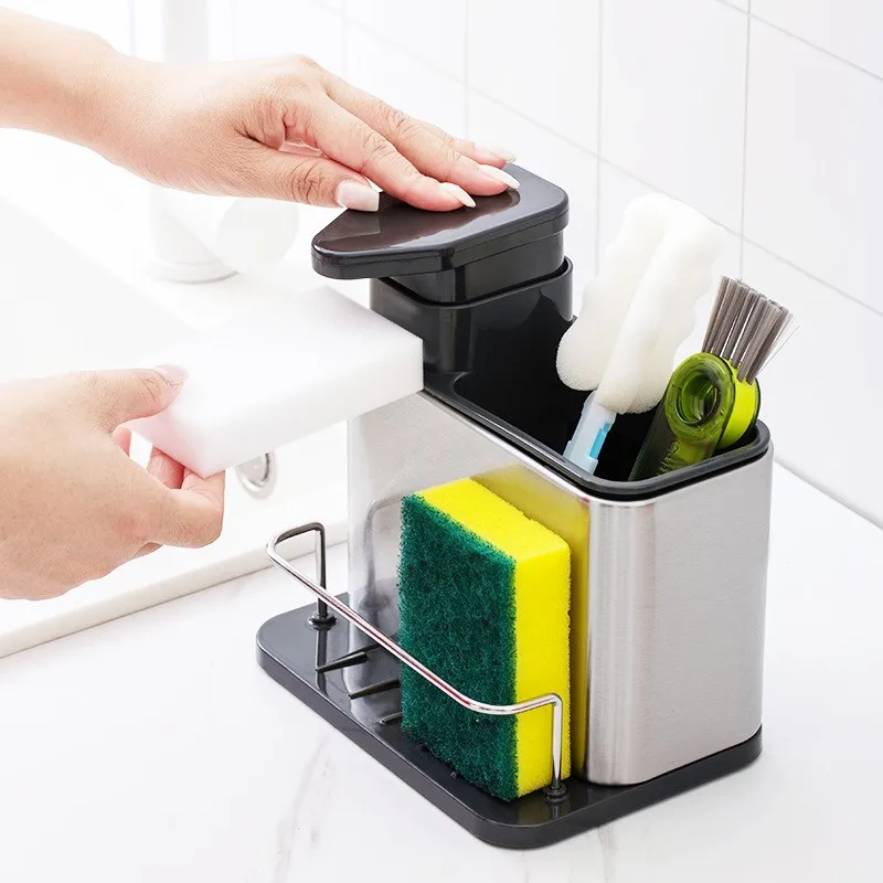 3-in-1 Kitchen Soap Dispenser Sponge Holder Dish Soap Dispenser Stainless Steel Sink Organizer Tray Rustproof Drainer Rack