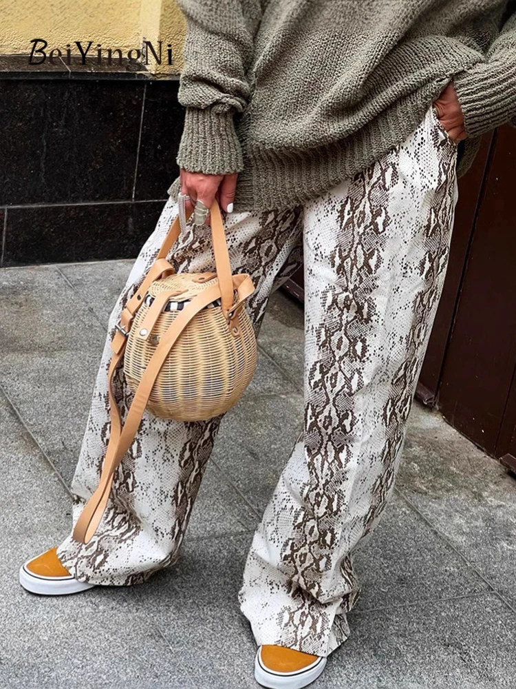 Beiyingni 2025 nouvelle mode femmes Y2K pantalon motif serpent décontracté Vintage haute rue pantalon droit automne femme pantalon ample
