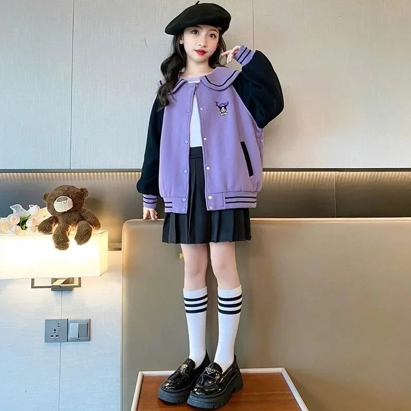 Sweet Kuromi Anime Kawaii Sanrio Ins Girls Long Sleeve Coat Skirt Set Cute Baseball Uniform Jacket Dress Clothing Gifts for Kids