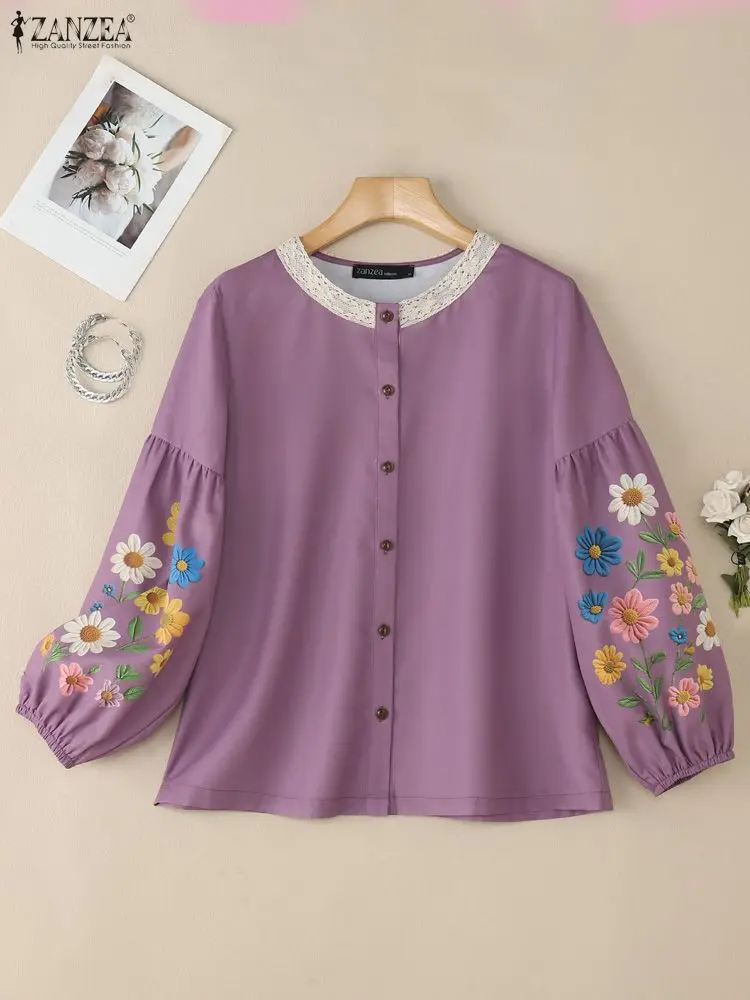 2025年秋 花柄プリントシャツ ZANZEA レディース カジュアル Oネック 長袖トップス レーストリムブラウス ヴィンテージ風ワークブラウス オーバーサイズ