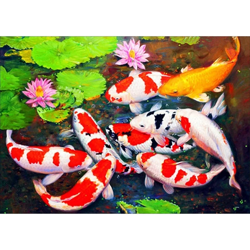 PZHI-DIY Diamond Painting By Number Kits, Painting Koi Fish Pond Lotus Paint With Diamonds Arts Full Drill Canvas Pictures