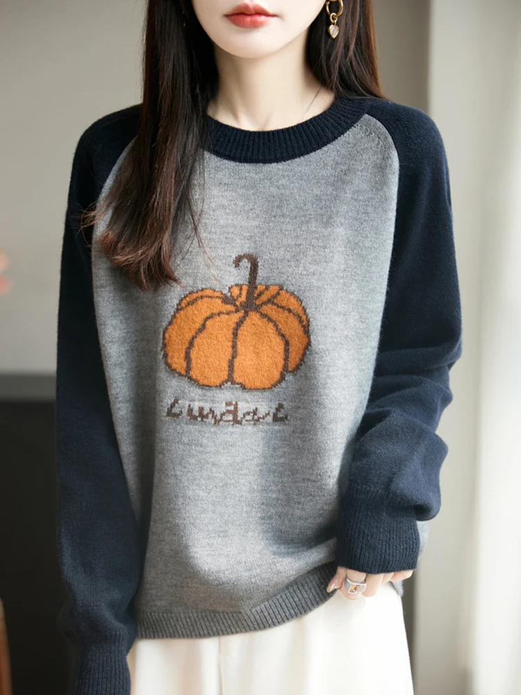 Loose Fit Pumpkin Pattern Knitted Sweater round Ne oulder Sve Insertion Korean Sle Color Blo Flower Embroidery Wom...