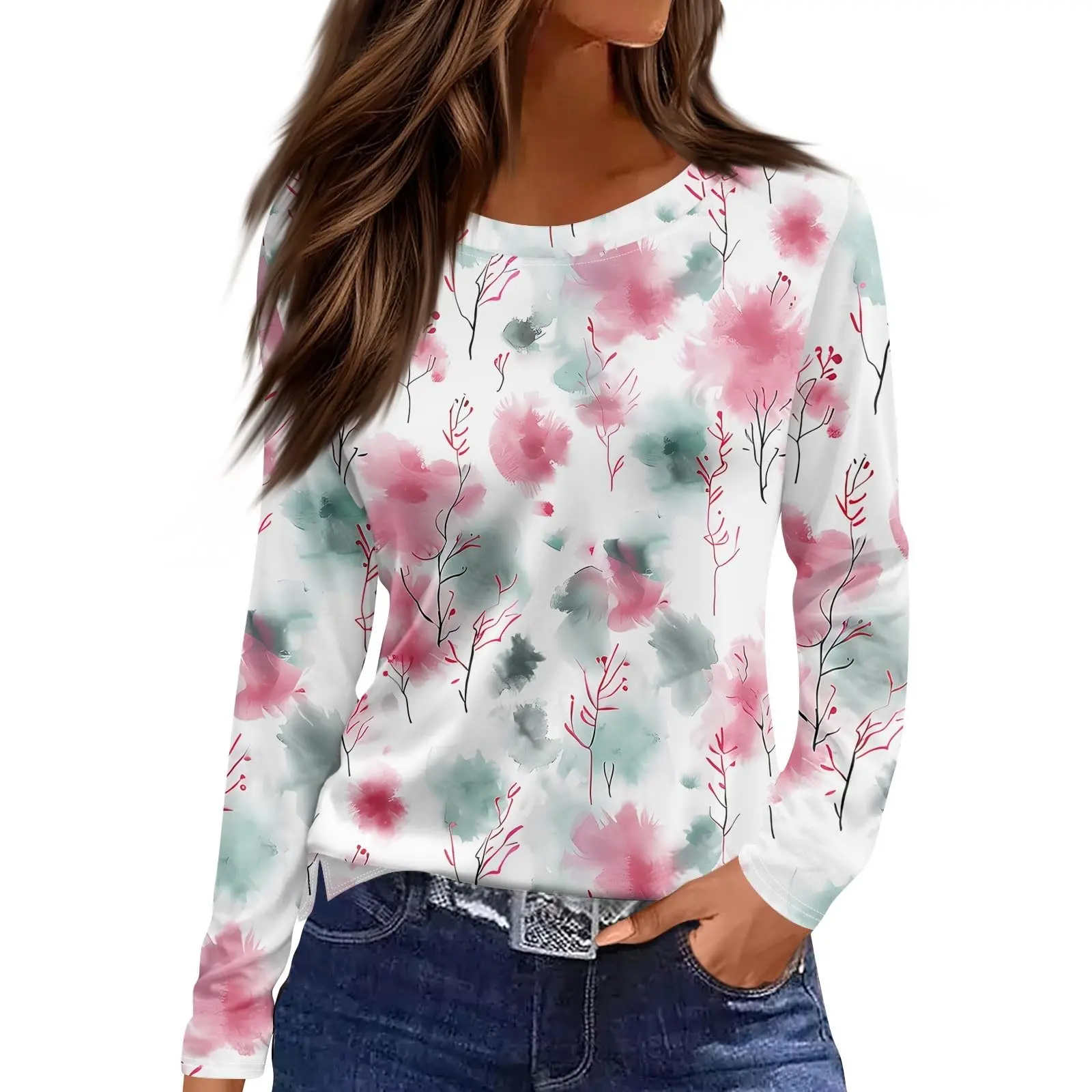 Automne Floral impression 3d à manches longues T-Shirt décontracté femmes vêtements à manches longues T-shirt mode décontracté surdimensionné hauts t-shirts femme