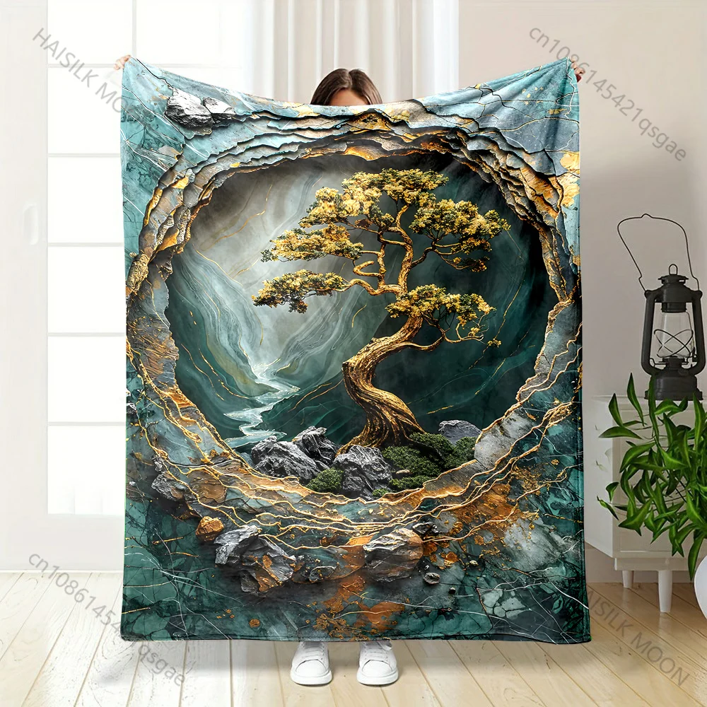 

Golden tree in layered jade cavern Print Blanket Warm Soft Fluffy Kids Adult Sofa Bed Throw Blanket Outdoor Travel Camping RV