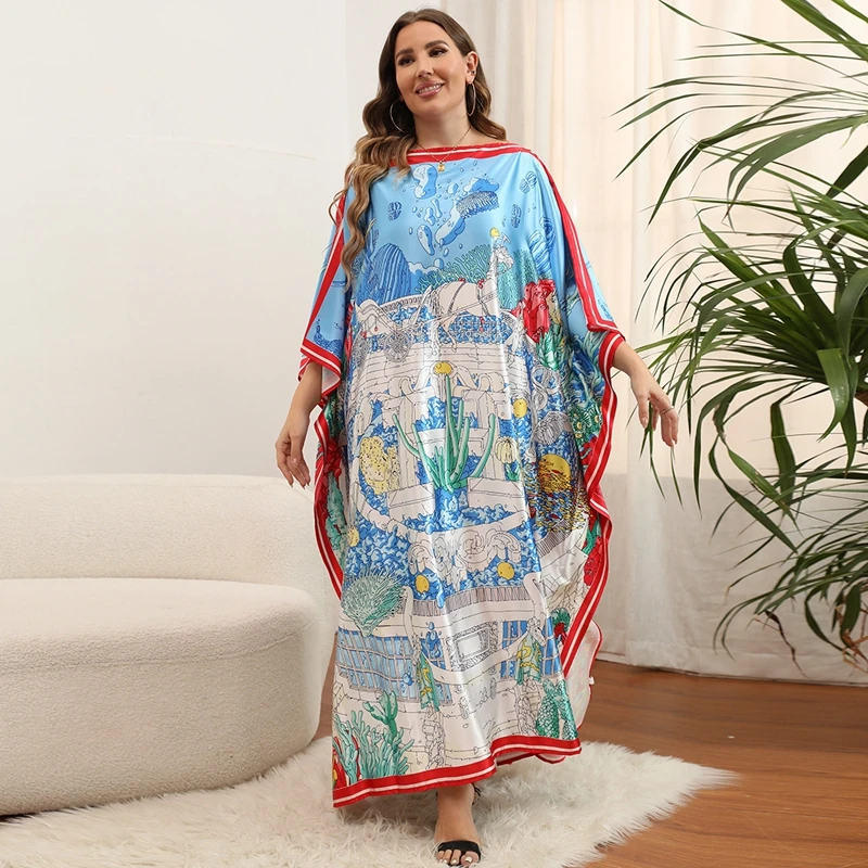 Horse And Carriage Print Brand Maxi Dress Slash Neck Kaftan Women Elegant Batwing Abaya Beach Cover Ups Caftan Bohemia Long Robe