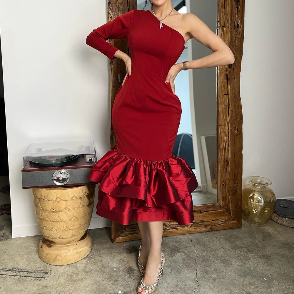 

Customized Satin Mermaid One Shoulder Tiered Evening Dress Long Sleeves Tea Length Burgundy Delicate Vestidos para mujer