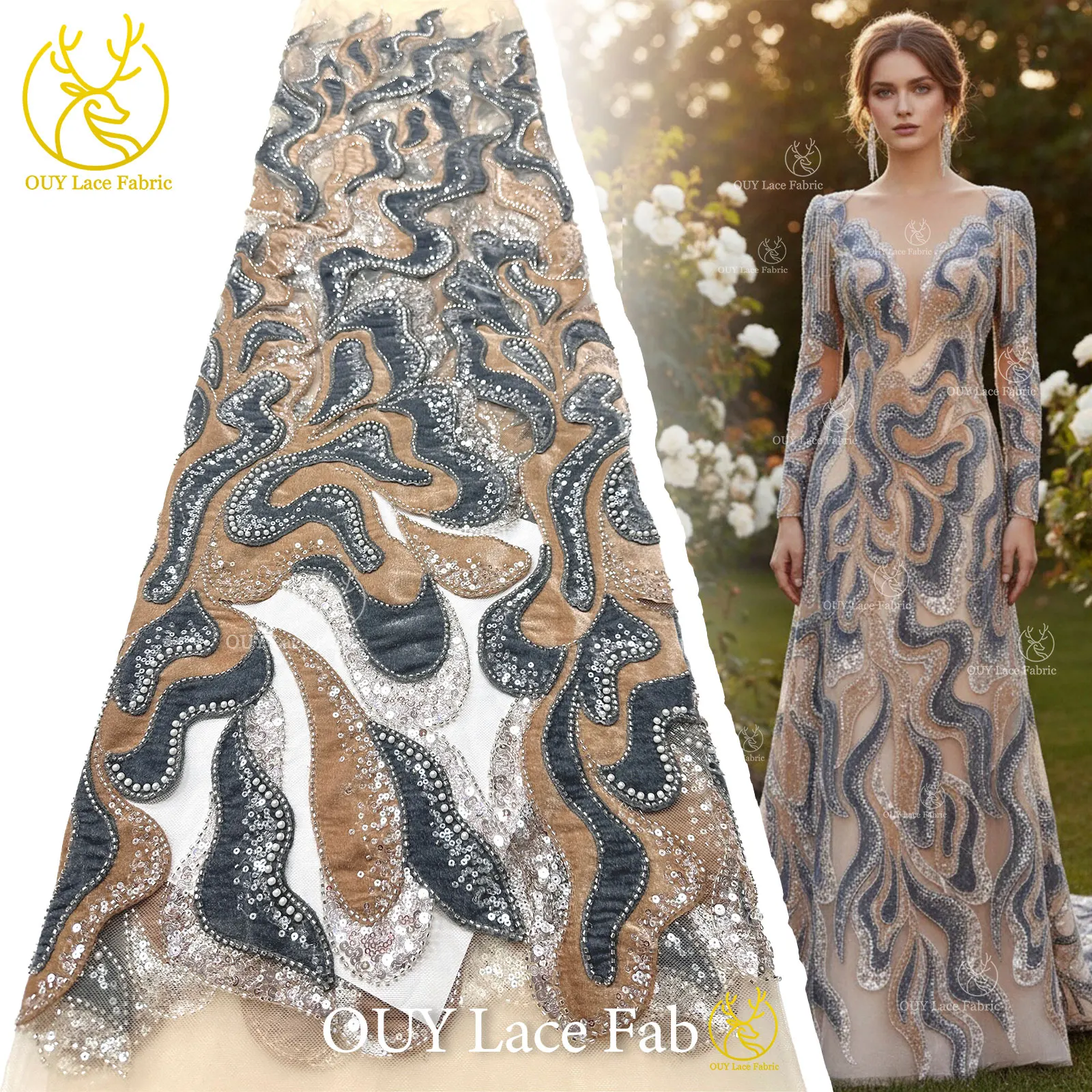 Latest African Velvet Beaded Sequin Lace Fabric 2026 Luxury Groom Embroidery Tulle Fabric French Women Evening Gown Sewing