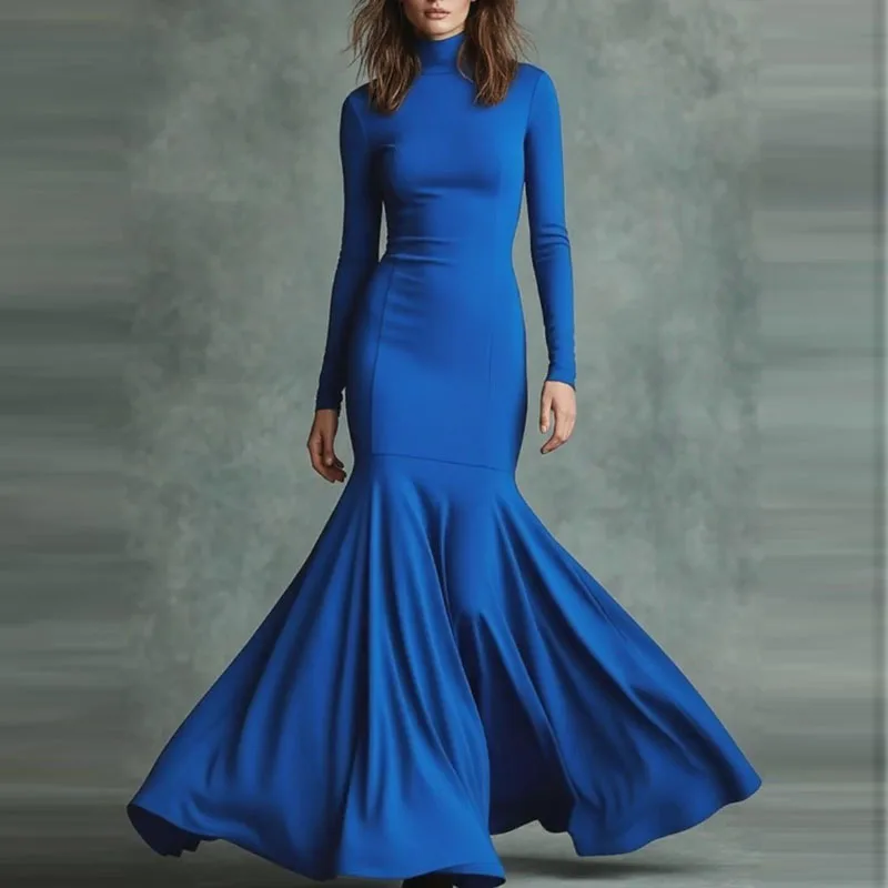 فستان حورية البحر ضيق بياقة مدورة موضة ربيع 2026 أنيق متين عالي الخصر فستان ضيق للخريف بأكمام طويلة فستان ماكسي بوهو