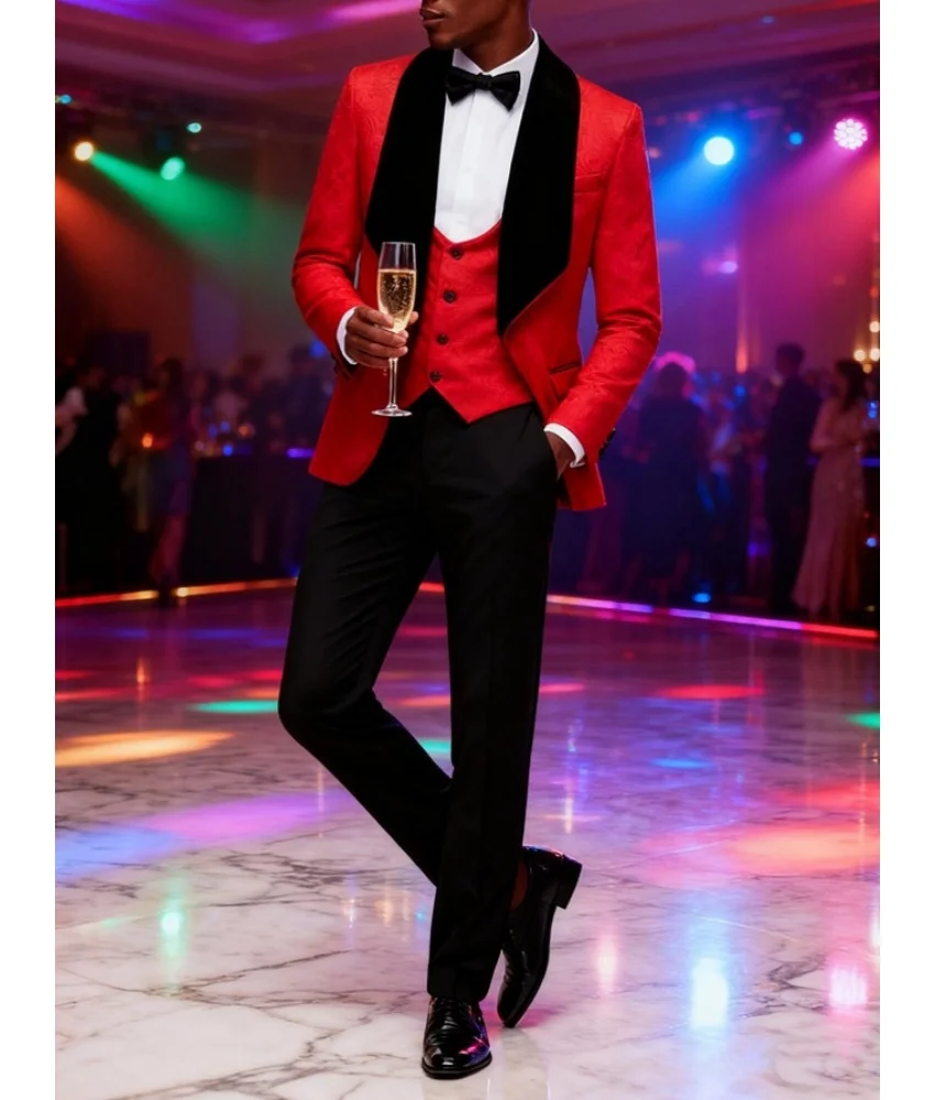 

Elegant Men's Red Jacquard Tuxedo 3-Piece Suit (Blazer+Vest+Pants ),Graceful Slim-Fit Suit Set for Ball Wedding Gala.