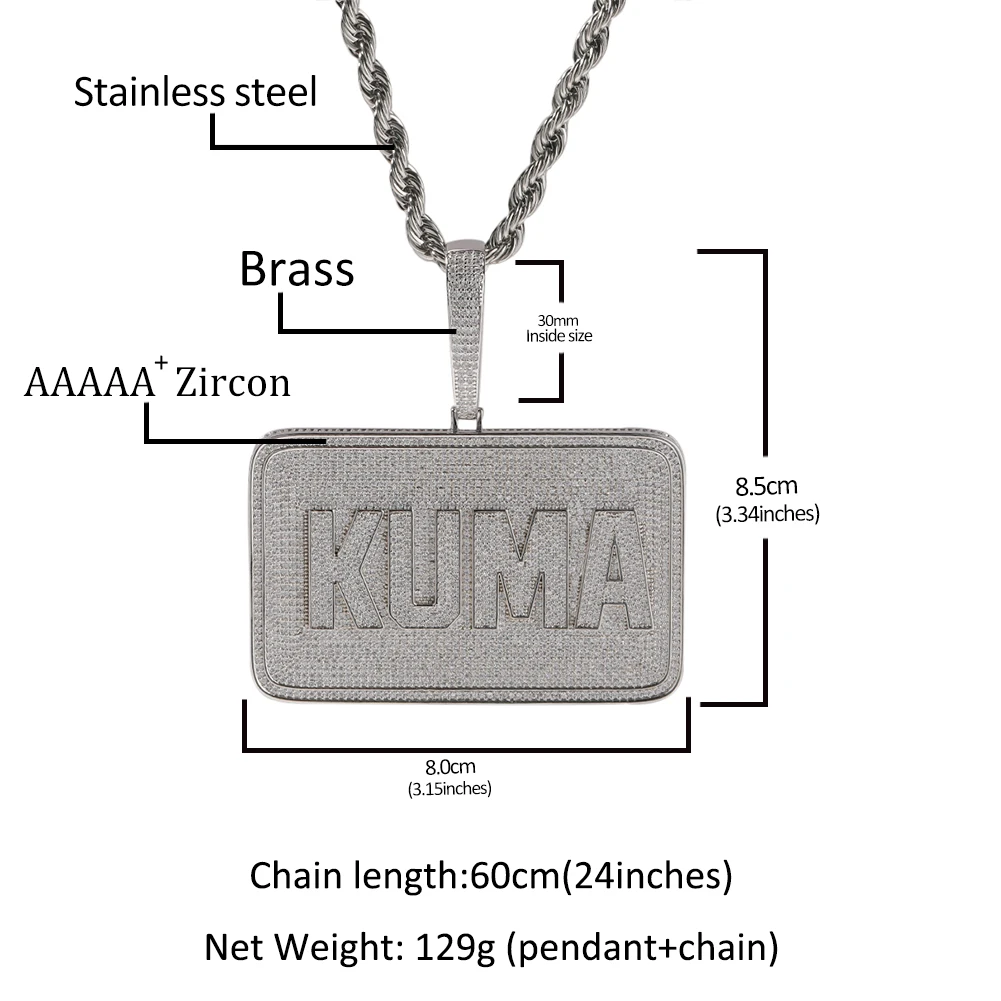 THE BLING KING Men's Large Square Custom Name Necklace Micro Paved Cubic Zirconia DIY Letters Pendant Pet Medal Gothic Jewelry