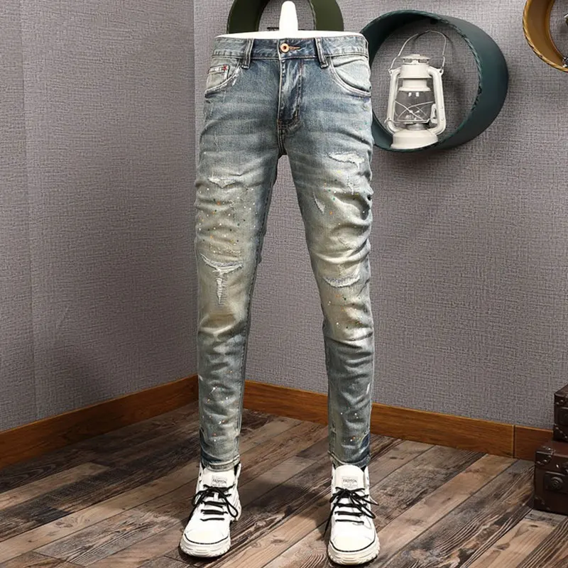 Men Light Blue Gradient Washed Denim Jeans, Stretch Slim Fit Distressed Paint Splatter Tapered Pants, Hip‑Hop High Street Long J
