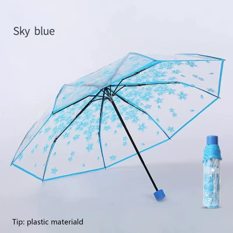 Portable Transparent Sakura Clear Umbrella Cute Cartoon Foldable Three Folding Manual Umbrella for Student Men and Women Travel view 3