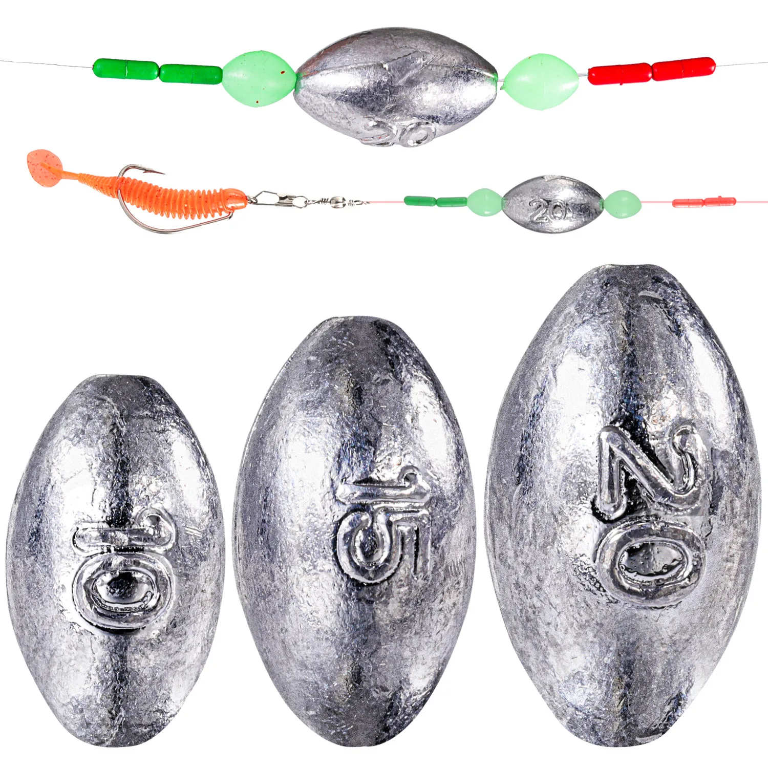 Sougayilang 5-teiliges Angelblei-Set 10g 15g 20g Ovale Bleigewichte in Verschiedenen Größen Korrosionsbeständige Angelbleie