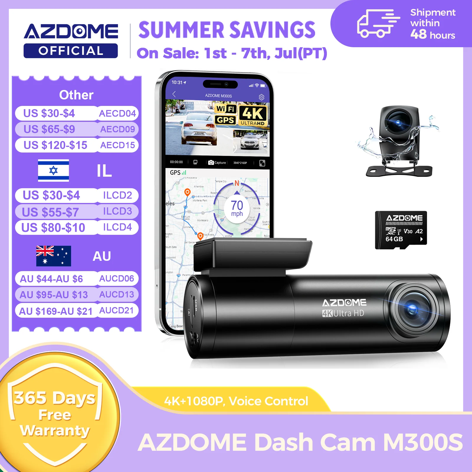 AZDOME M300S 4K Dash Cam Delantera y Trasera, Cámara de Salpicadero GPS WiFi ADAS incorporada para Coches, Tarjeta de 64 GB Gratuita, Control de Voz, Visio Nocturno
