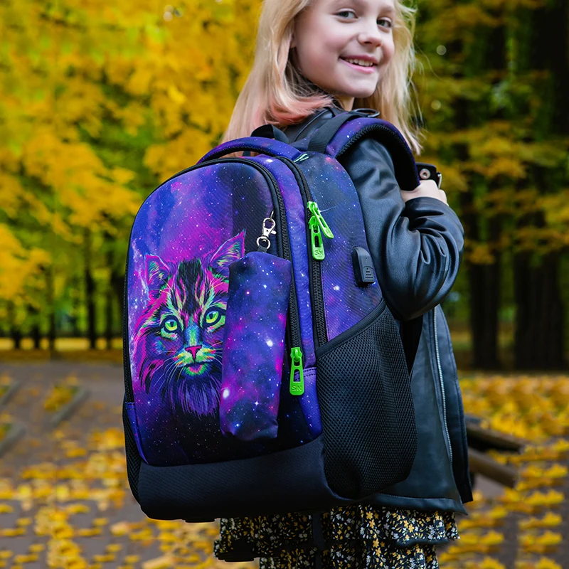 Children Orthopedic School Bag With USB Charging Port Multifunctional Backpacks Girls 3D Cat Animal Prints Kids Bookbag Mochilas