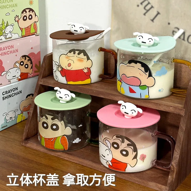 

Large Capacity Glass Mug 480ml Crayon Shin-Chan Cup with Lid Cute Heat-resistant Office Coffee Home Milk Cups Festival Gifts