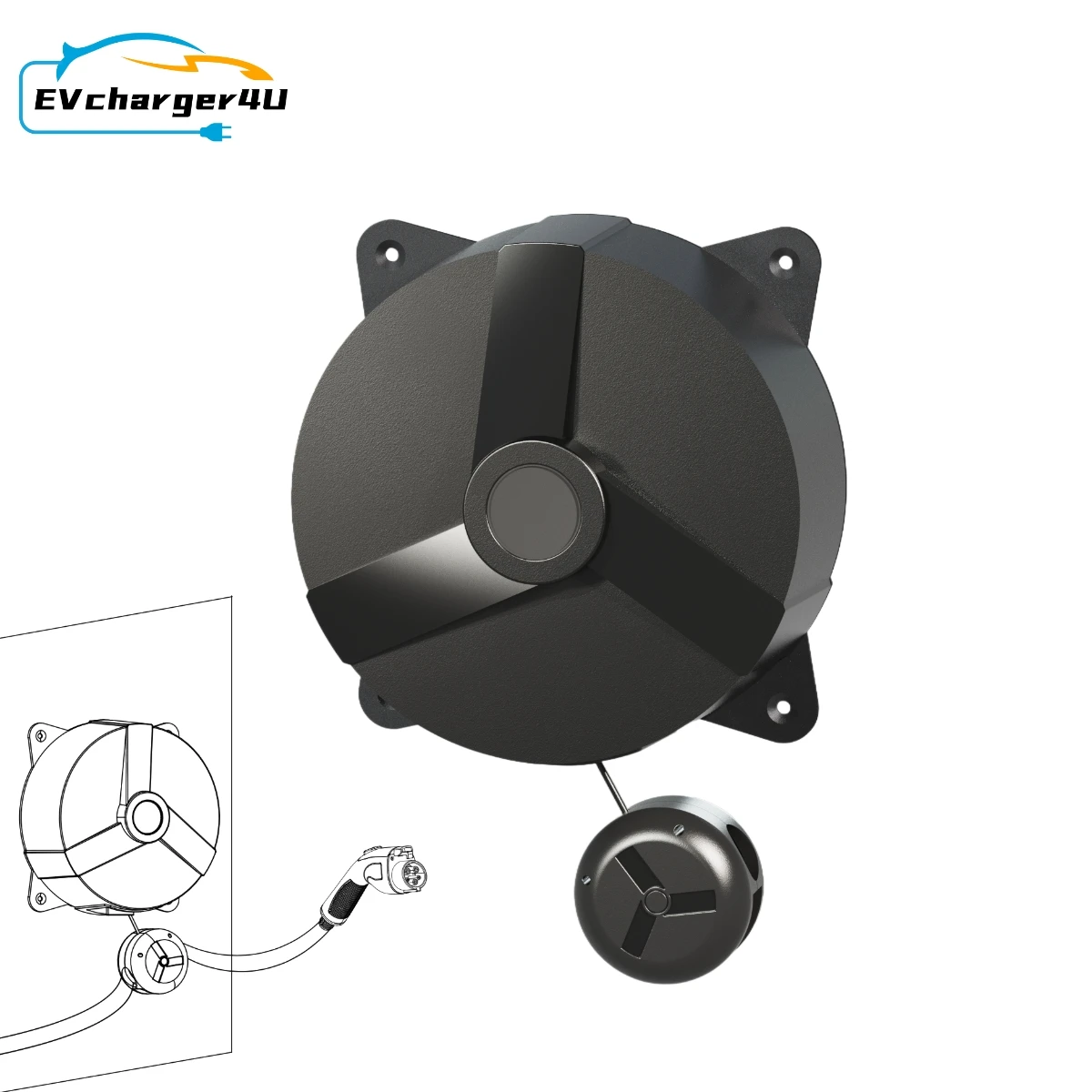 

Кабельная катушка EVcharger4U Wallbox для зарядки электромобиля Type2 Type1 GBT NACS Wallbox