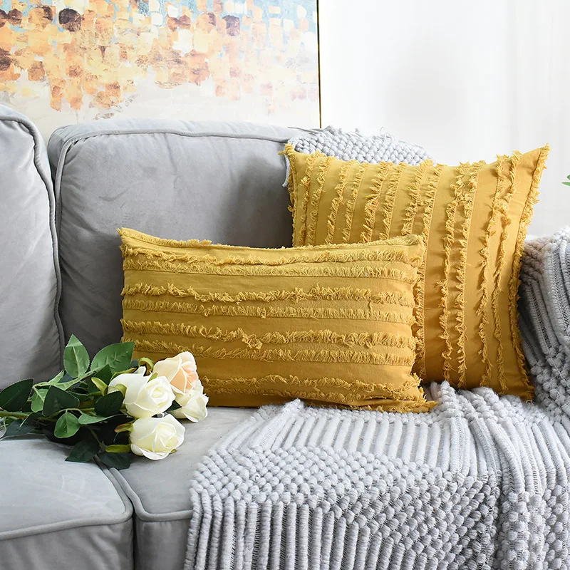 

Inyahome Decorative Mustard Yellow Set Of 2 Boho Throw Pillow Cover Linen Striped Jacquard Pattern Cushion Covers Cuscini Divano
