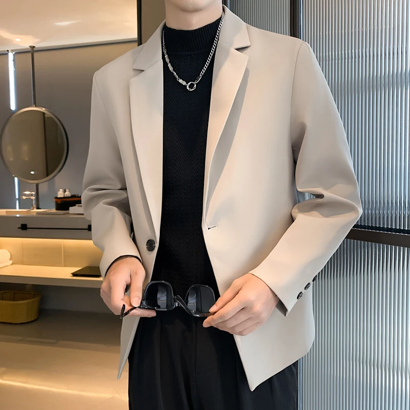 

Корейский повседневный мужской пиджак цвета хаки, приталенный, на весну-осень, с одной пуговицей, однобортный, с длинными рукавами