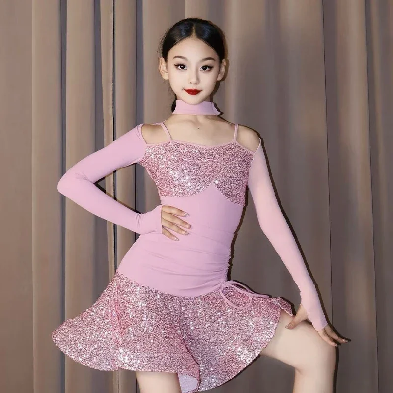 女の子ラテンダンスドレススパンコールブラックピンクパフォーマンス衣装長袖ドレススーツ子供ラテン競技ドレス