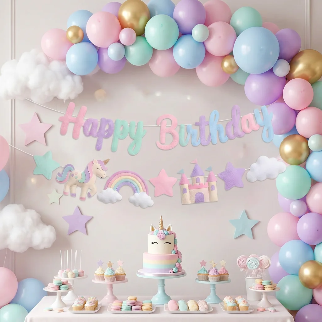 Regenbogen-Einhorn-Party Filzbanner Bunte Stern-Prinzessin-Schloss-Dekorationen Alles Gute zum Geburtstag Magisches Pony Mädchen Babyparty-Deko – Detail 2