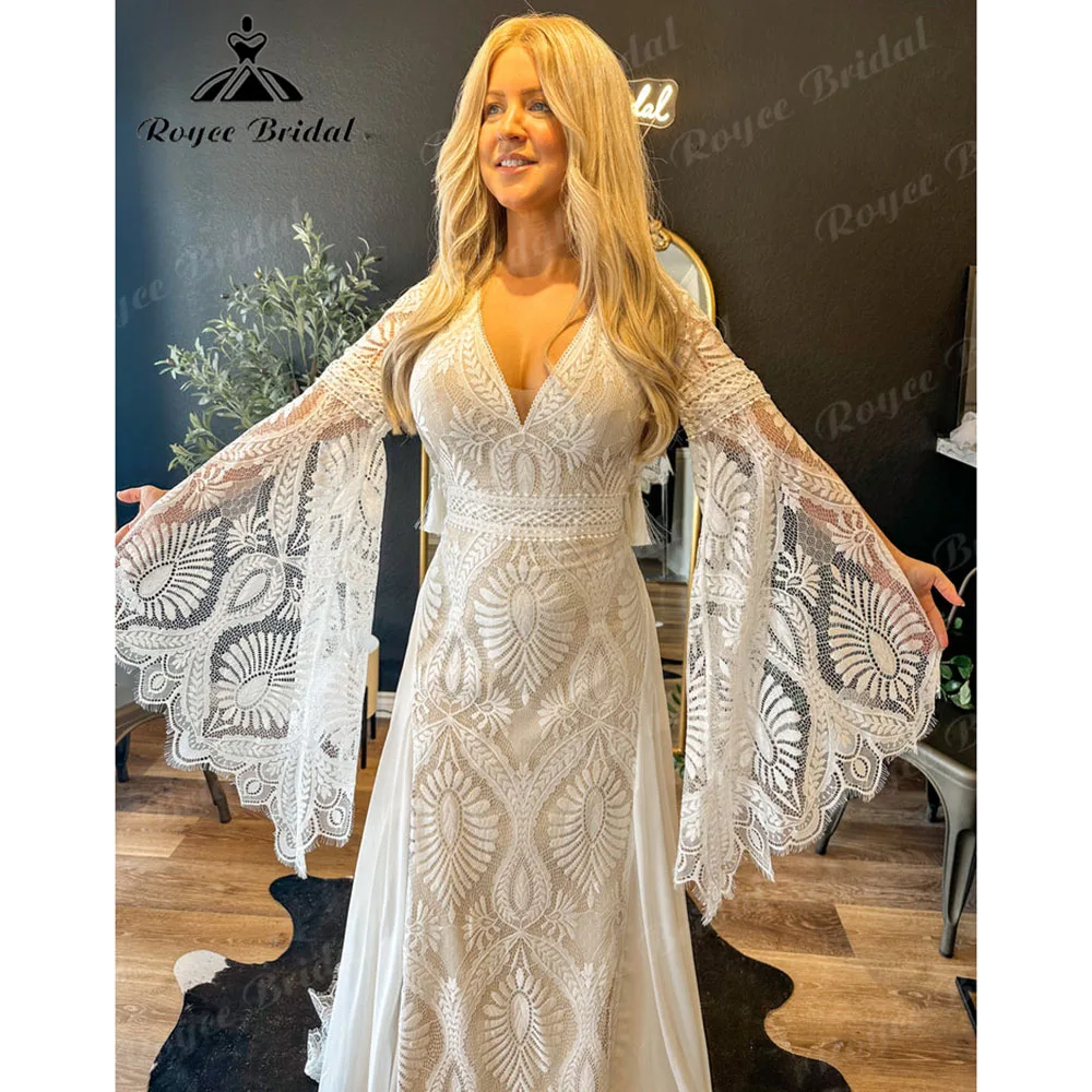 Tassel V Neck Lace Boho Bohemian Flare Sleeve Wedding Dress for Women 2025 Customzied Backless Bridal Gown vestidos boda civil