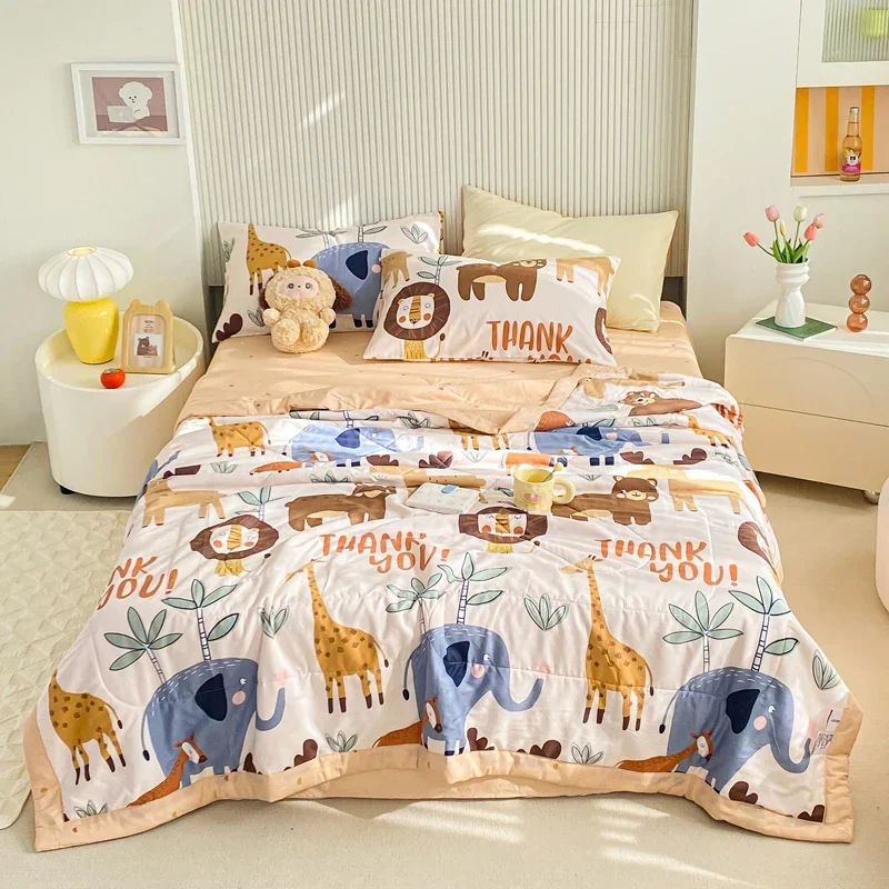 Cartoon Animals Pattern Summer Quilt 100% Cotton Air Conditioning Quilted Quilt Skin-friendly Breathable for Kids Boys Girls