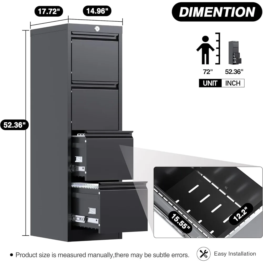 4 Drawer File Cabinet, Vertical Filing Cabinets with Lock, Metal File Cabinets for Home Office A4 Letter/Legal Size, Assembly