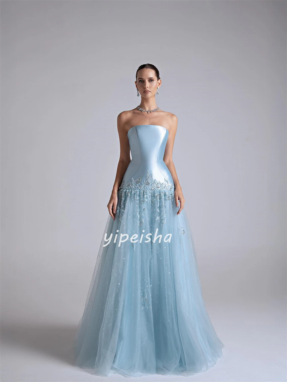 Customized High Quality Elegant Tulle Applique Beading A-line Strapless Long Dresses Bespoke Occasion Dresses Intricate Classic image 3