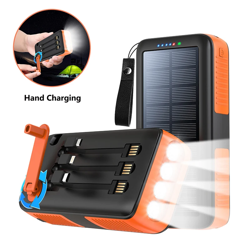 Solar Power Bank 20000mAh with Cable LED Light Hand Crank Charger Powerbank for iPhone 15 14 Samsung S23 Huawei Xiaomi Poverbank