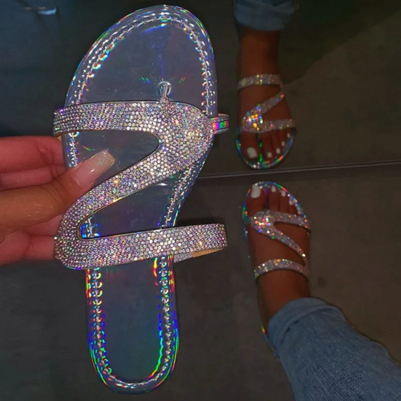 Women Summer Flat Bling Slippers Female Flip Flops Sandals Outdoor Beach Sandals Trend Glitter Shoes for Women Slides Women