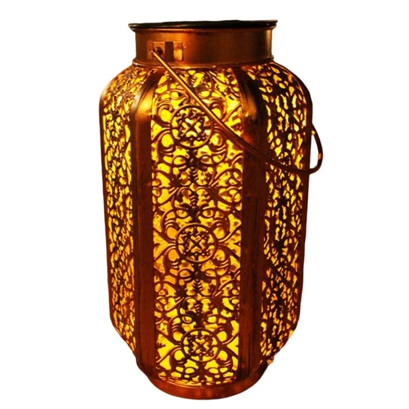 New LED Solar Hanging Lantern Retro Iron Art Hollow Light Metal Pathway Landscape Lamp Vintage Outdoor Decorative