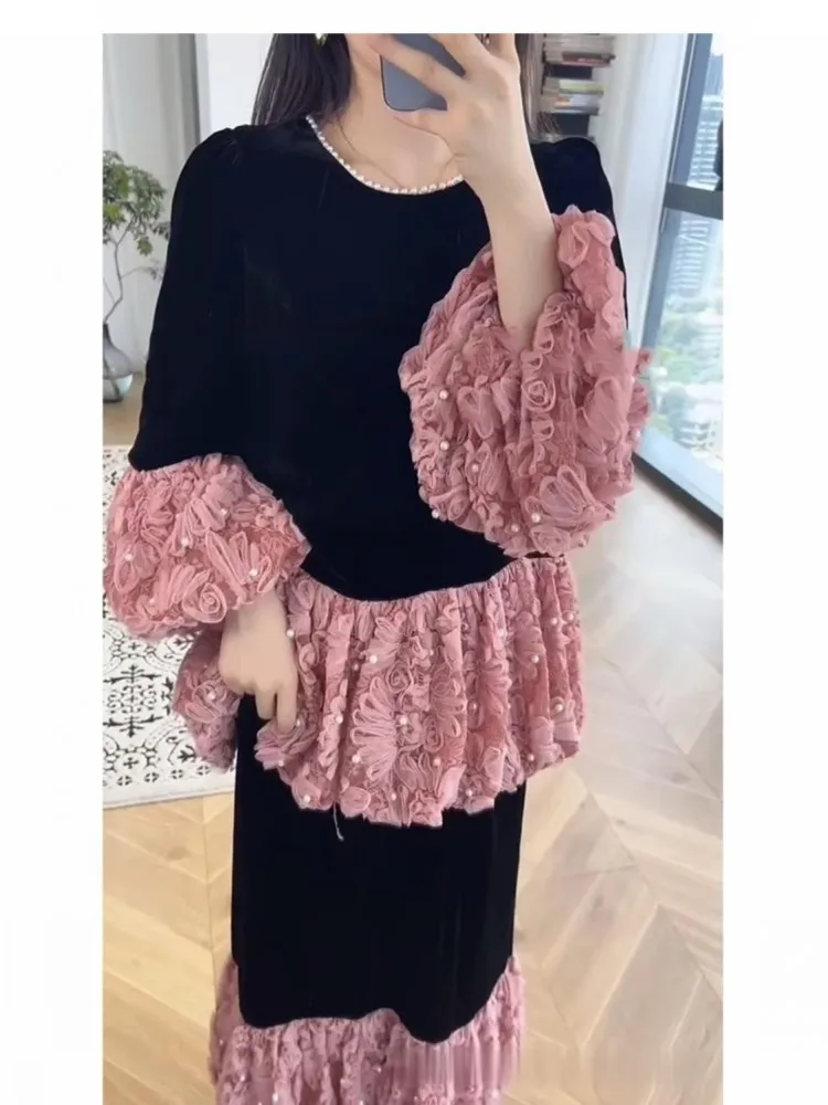 

Fashion Elegant black velvet dress French vintage ruffled pleated dress sexy O-neck office lady party dress Vestidos
