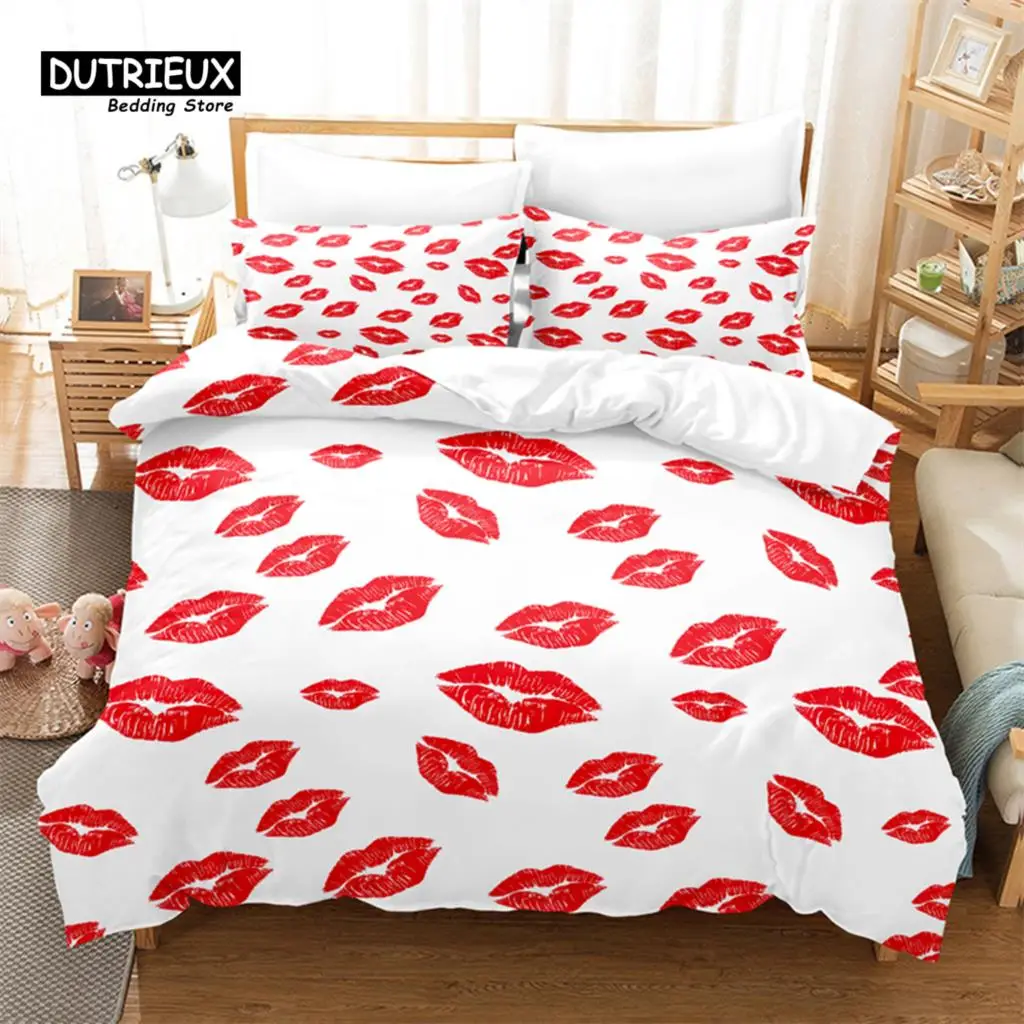 

Red Lips Duvet Cover Set, Fashion Bedding Set, Soft Comfortable Breathable Duvet Cover, For Bedroom Guest Room Decor