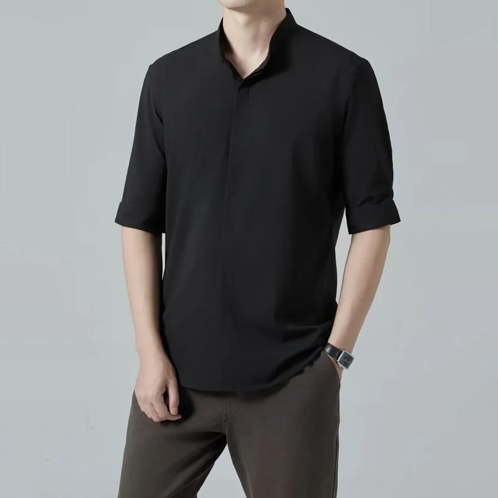 Casual Outings Everyday Activities L Slim Fit Ice Silk Shirt Ice Silk Casual Shirt Mid Sleeve Casual Top Stand Collar Style