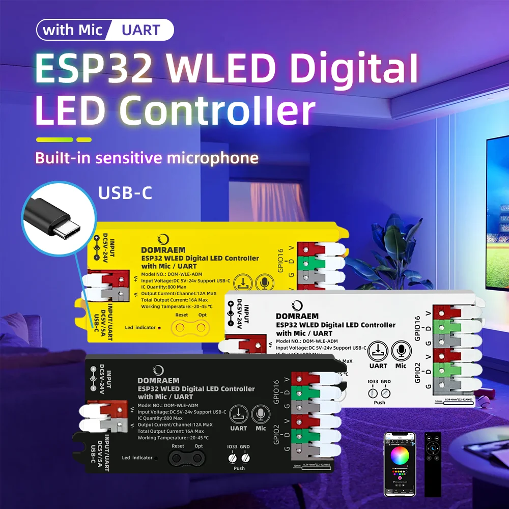 في الهواء الطلق مقاوم للماء ESP32 WLED الرقمية LED وحدة تحكم في الميكروفون IP65 15A فيوز RCP WS2811/2/3/5 PWM 5IN1 Alexa/HA/MQTT App عن بعد RGB IC