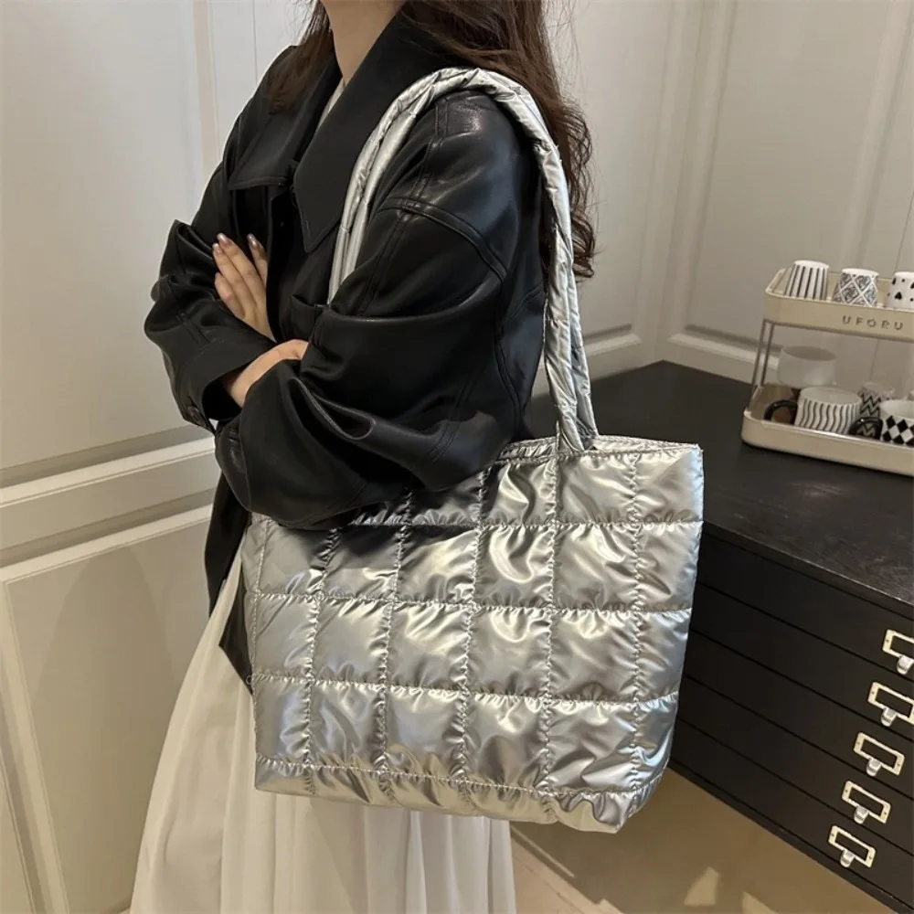 Casual Solid Color Shoulder Bags Large Capacity Down Cotton Padded Quilted Tote Bag Underarm Bags Women Girls view 4