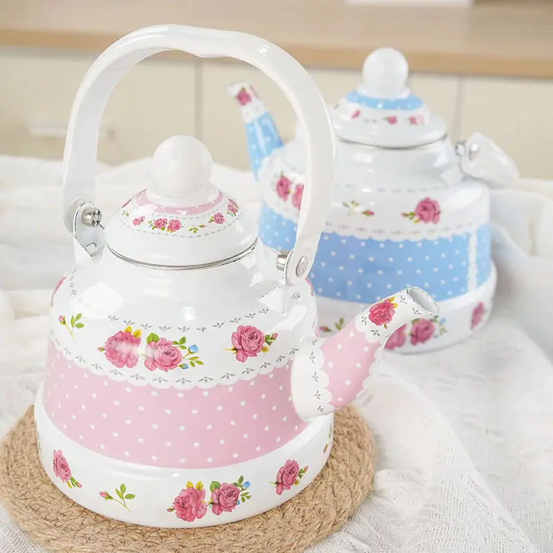 1.1L Pink Blue Rose Enamel Jug Tea Jug Wine Jug Fine Mouth Coffee Jug Induction Open Fire Universal Household Cooler Pot