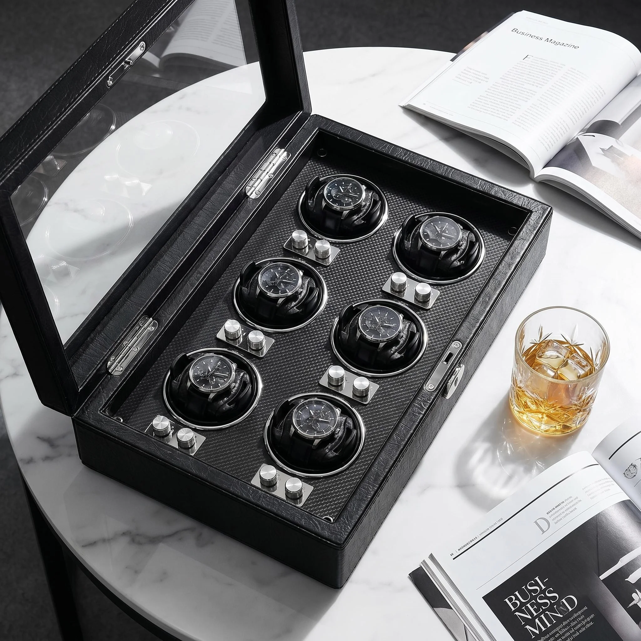 6 Position Automatic Watch Winder Premium Leather Lining Lockable Key Clear Glass Separate LED Control Watch Storage Gift Box