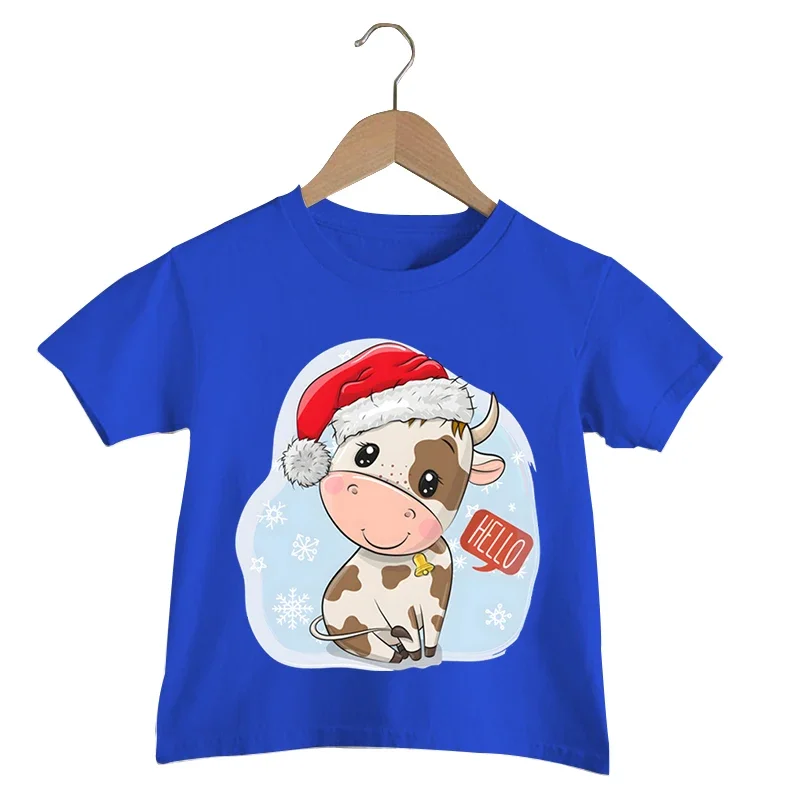 Cow with Santa Hat Print Kids Christmas T Shirt Cartoon Animal Autumn Shirt Y2k Tops Boys Christmas Tshirt Girls Kawaii T-shirt