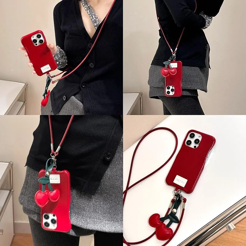 

New Year Faionable Cherry Red Phone Case for 6Promax iPhone 3 New Model 5 Leather ell Women 4Pro 2 Crossbody L...