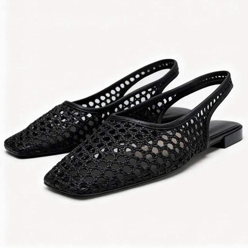 

Weave Mesh Fashion Mules Sandals Women Breathable Square Toe Leisure Flat Beach Shoes Comfort Hollow Vacation Fishing Net Shoes