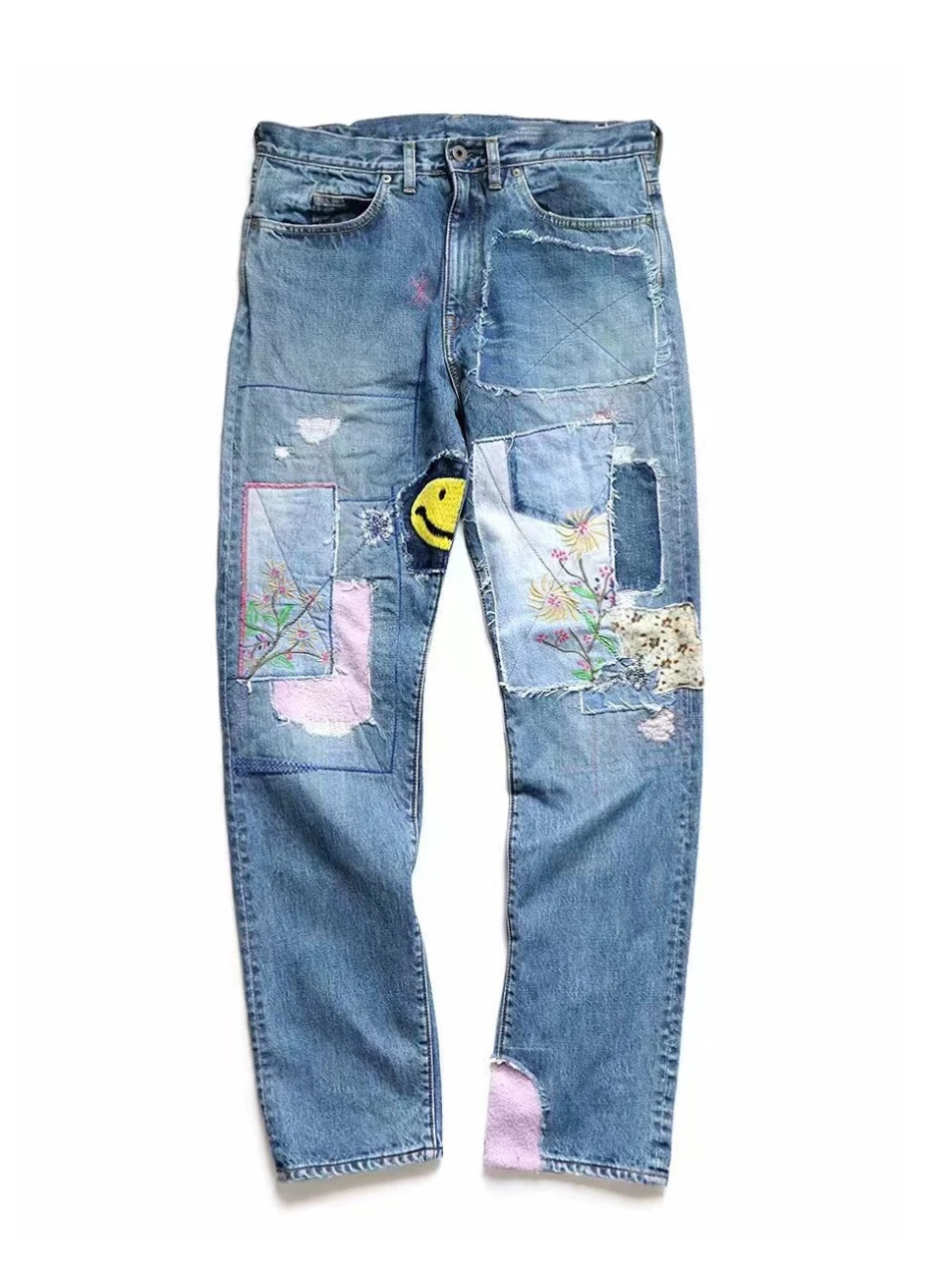 

Джинсы Kapital в винтажном японском стиле с вышивкой и пэчворком, рваные, прямого кроя, из плотного денима, унисекс