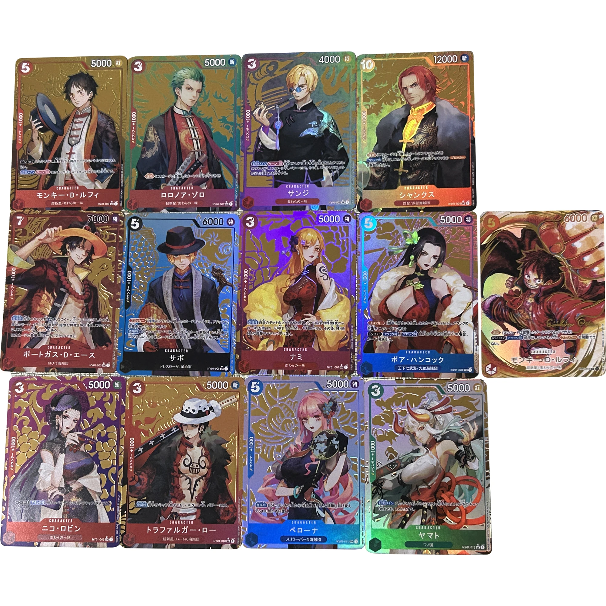 

13Pcs/set One Piece Luffy Zoro Ace Sabo Shanks Flash Card OPCG New Year Series Classic Game Anime Collection Cards Diy Gift Toys